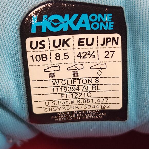 Hoka One Clifton 8 Shoes Womens 10 B  Blue Red Running Sneaker 1119394 AEBL - Picture 9 of 9